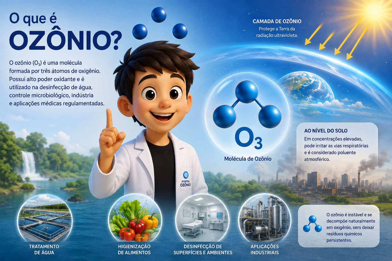 Ilustração educativa explicando o que é ozônio, sua molécula O3, camada de ozônio e aplicações.